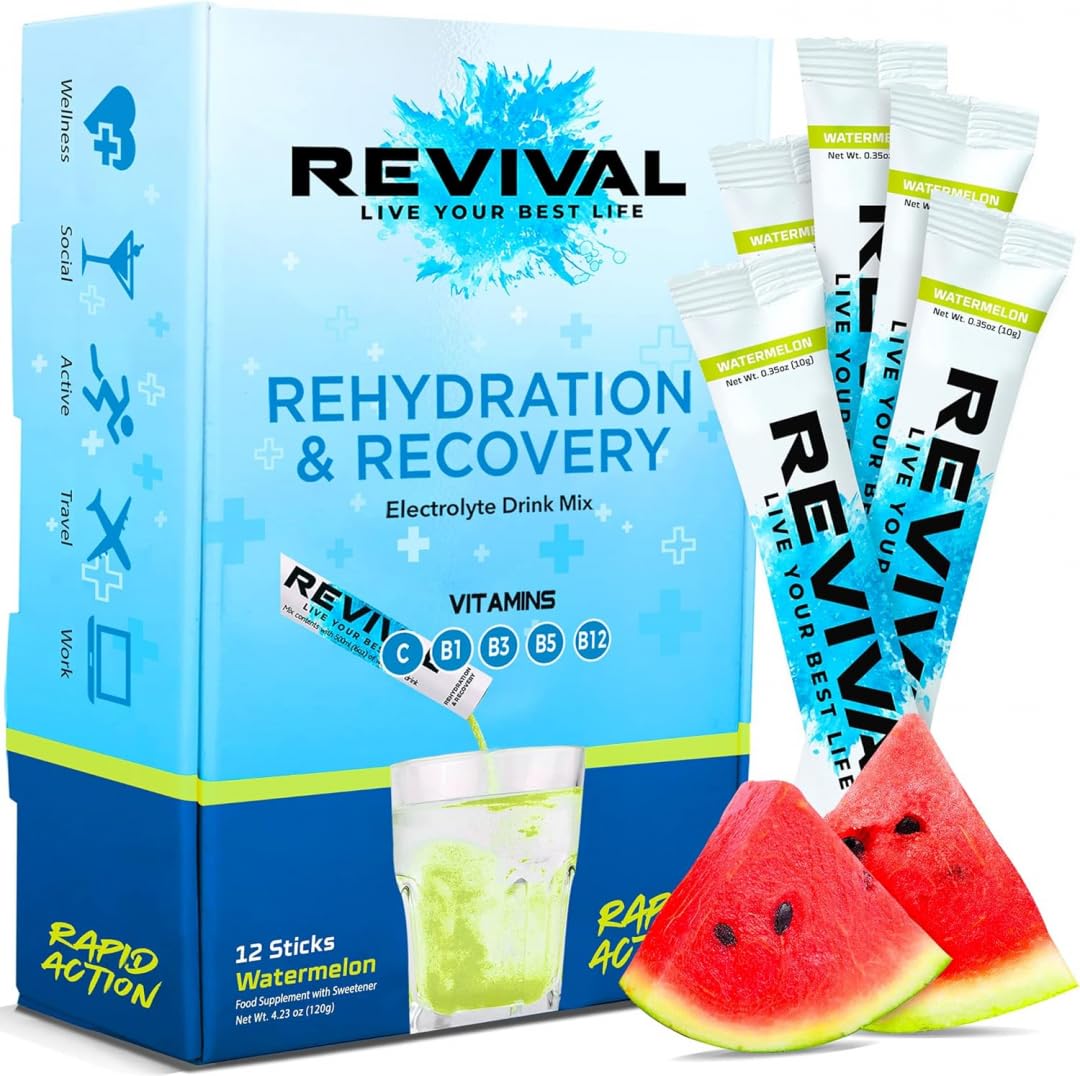 Revival Shots Rapid Rehydration Electrolytes Powder - High Strength Vitamin C, B1, B3, B5, B12 Supplement Sachet Drink, Effervescent Electrolyte Hydration (Watermelon, 12 count (Pack of 1))