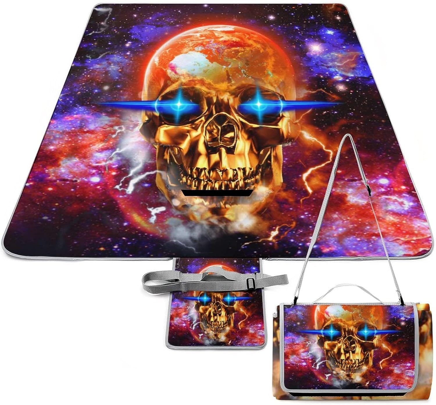 Fantasy Galaxy Skull Waterproof Foldable Picnic Blanket Abstract Cool Cosmic Planet Horror Skeleton Print for The Beach Camping on Grass Waterproof Sandproof 58.3x58.3 Inch