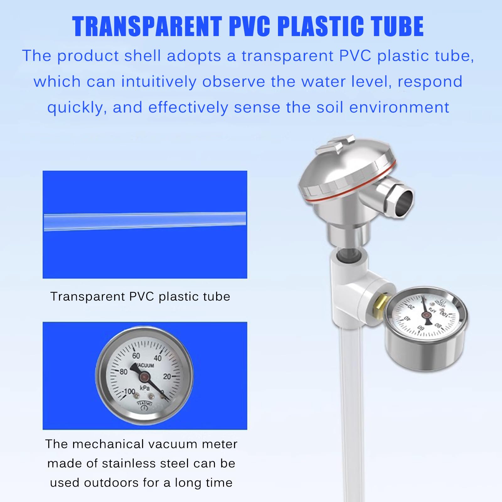 Tensiómetro de suelo Sensor de potencial de agua para monitoreo de riego, mide -100 a 0 kPa, tubo de PVC transparente duradero para árboles frutales y viñedos