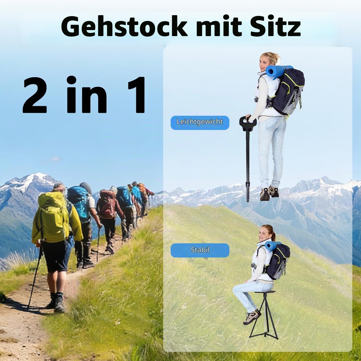 Höhenverstellbarer Gehstock mit Sitz, Tragbarer Aluminium Gehstock Klappbar mit Rucksack-Aufbewahrungstasche,Dreieckiger Matte und Einbeiniger Matte,Geeignet für Erwachsene & Senioren Outdoor Reisen