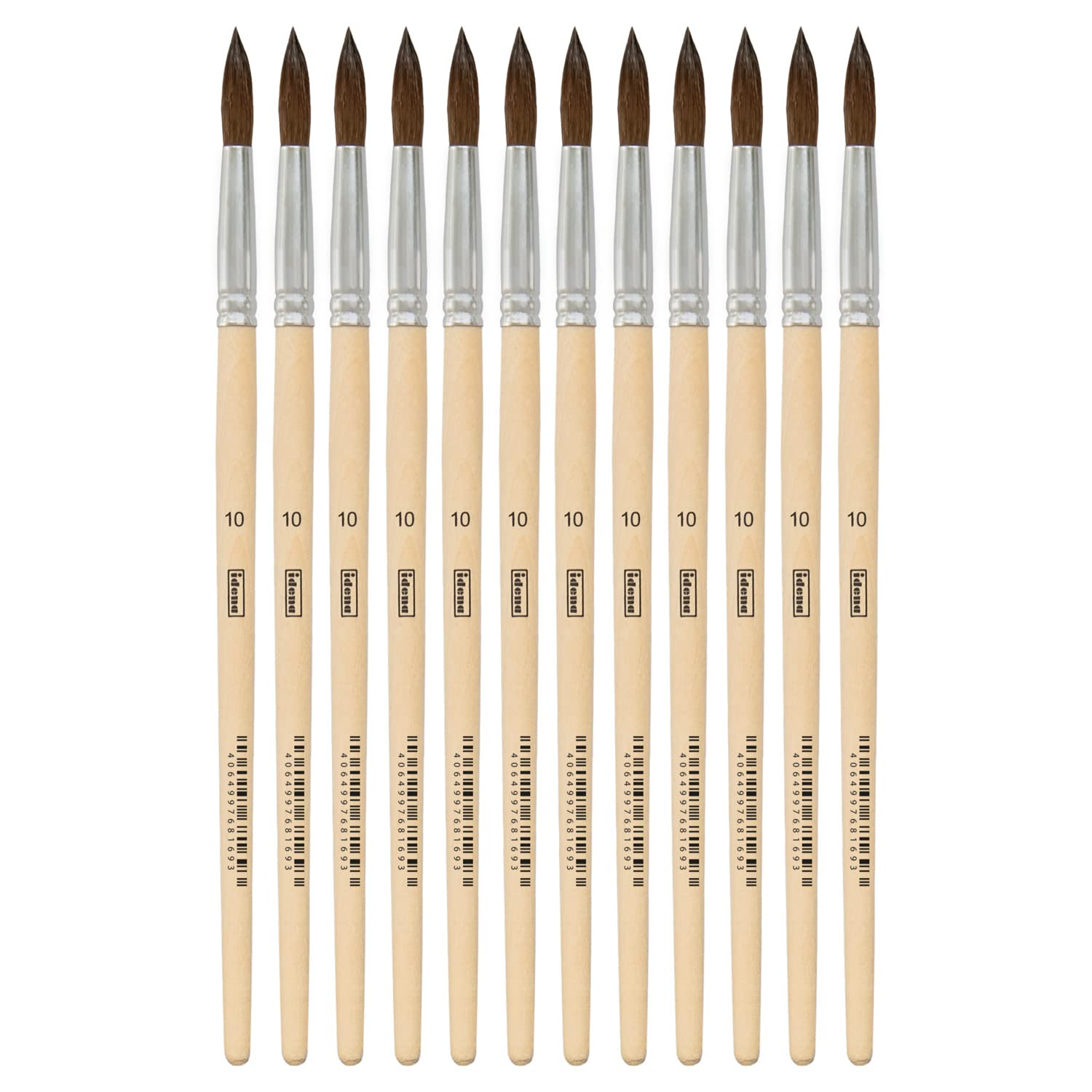 Idena 90091 Hair Brush, Size 10, with Unpainted Wooden Handle, Set of 12, Painting Brushes for School Children Hobby Artists