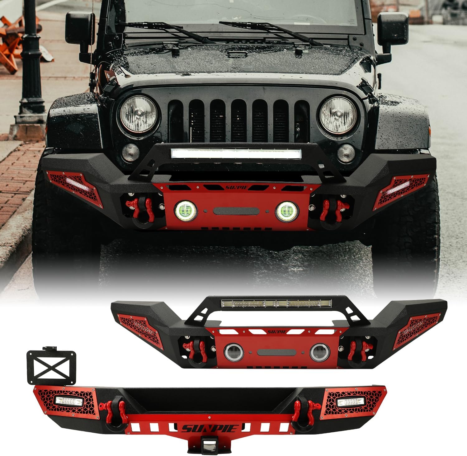 SUNPIE Front Bumpers Compatible with Jeep Wrangler JK/JKU/JL/JLU & JL 4XE 2007-2026, Jeep Gladiator JT 2019-2026, w/Winch Plate, Sensor Hole, License Plate, Textured Black, Including Manuals