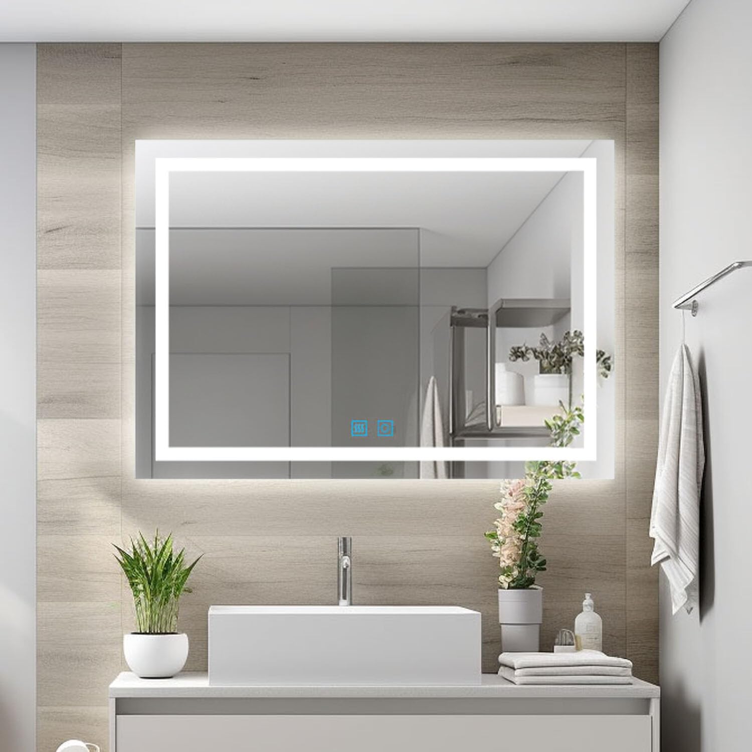 Finmrys Bathroom Mirror with LED Lights, 800 x 600 mm Demister Dimmable 3 Colour Light Memory Function LED Bathroom Mirror Horizontal/Vertical（31.5x23.62 Inch）