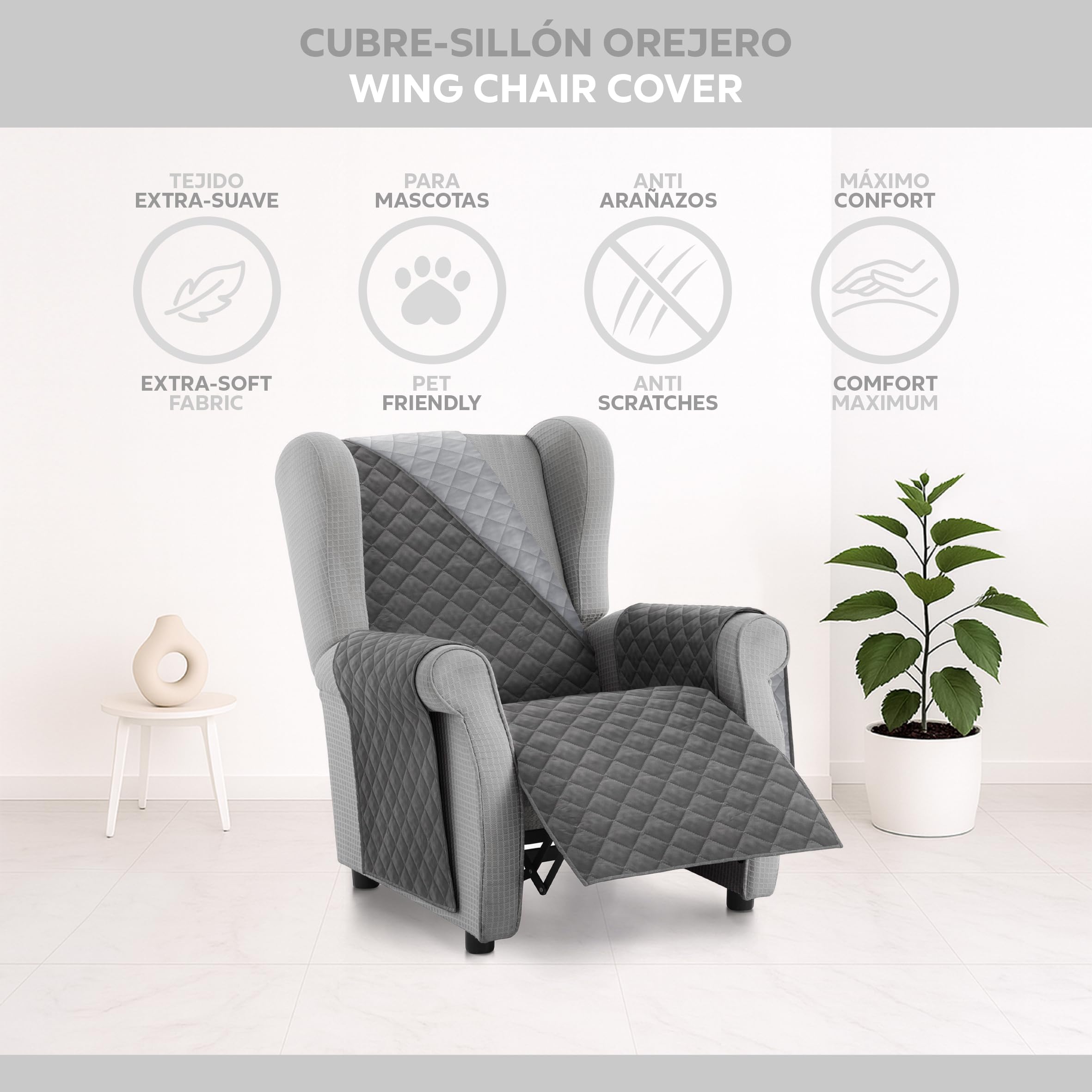 Textilhome Copridivano Malu 1 Posti con Braccioli – Copripoltrona Relax e Orecchioni Reversibile, Imbottito, Protezione Antigraffio per Divani, Colore Grey