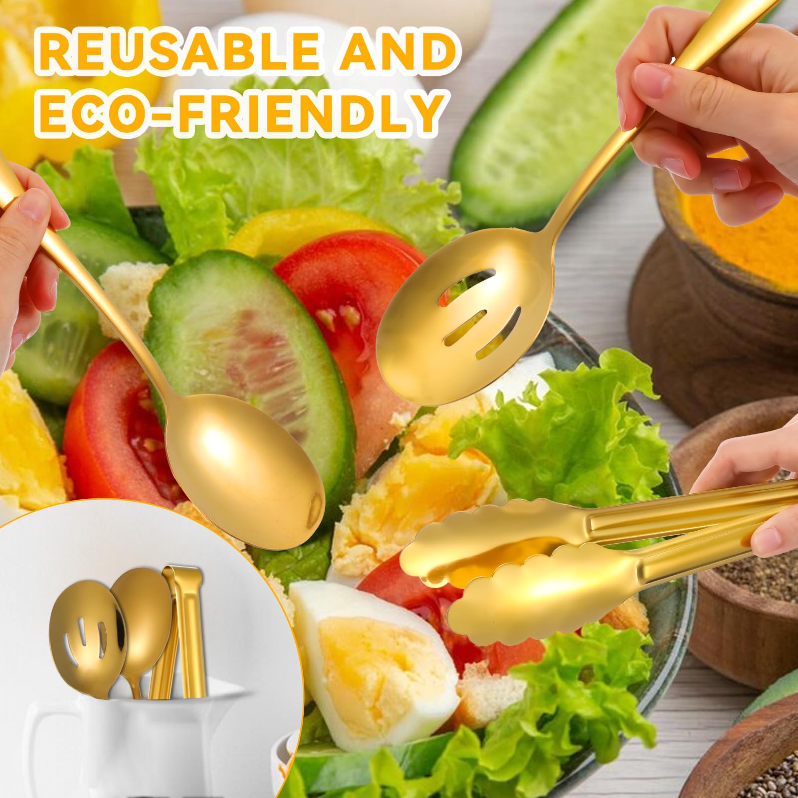 Juego de 12 utensilios de servir de acero inoxidable dorado, cucharas grandes, cucharas ranuradas, pinzas para servir, pinzas para aperitivos, juegos de utensilios para bufé, catering, banquetes y