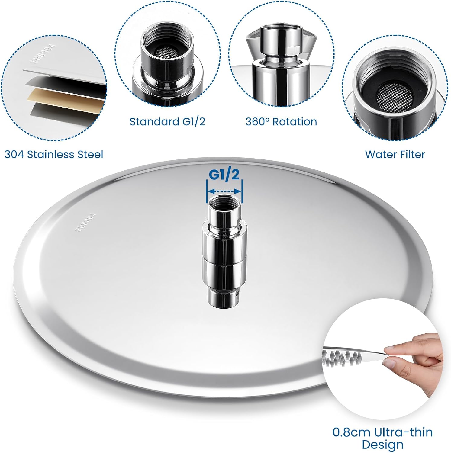 Auralum Rainfall Shower Head, 304 Stainless Steel 8 Inch Round Rain Shower Head with Self-Cleaning Nozzles, Anticalcare, 360° Adjustable, Universal G1/2” Fitting, Chrome for Shower & SPA