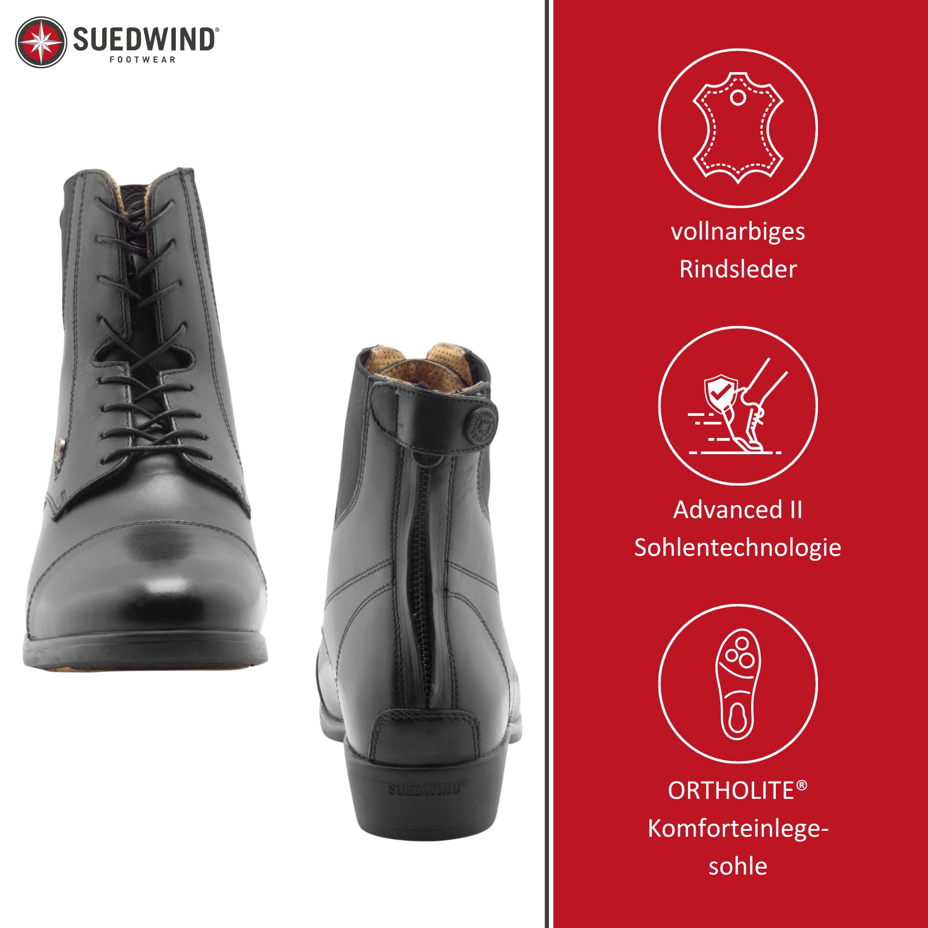 SUEDWIND FOOTWEAR Advanced II BZ Lace Reit-Stiefelette – Rindsleder Schlüpf-Schuh mit Schnürung, Reißverschluss hinten, OrthoLite-Sohle & Gummisohle – Boots – Schwarz – Gr. 35-46