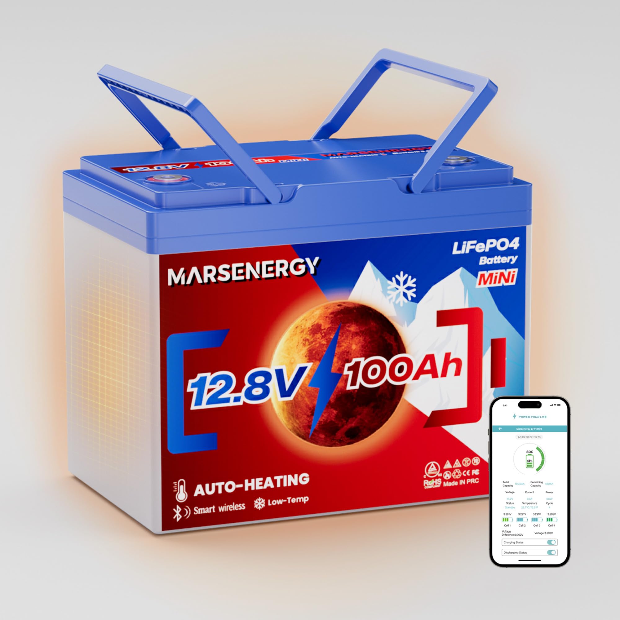 Marsenergy Self-Heating 12V 100Ah LiFePO4 Battery