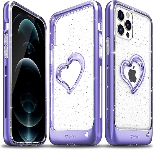 Amazon Com Vena Vlove Glitter Clear Case Compatible With Apple Iphone 12 Iphone 12 Pro 6 1 Inch Heart Shape Cornerguard Protection Dual Layer Slim Hybrid Clear Bumper Case Cover Purple Cell Phones