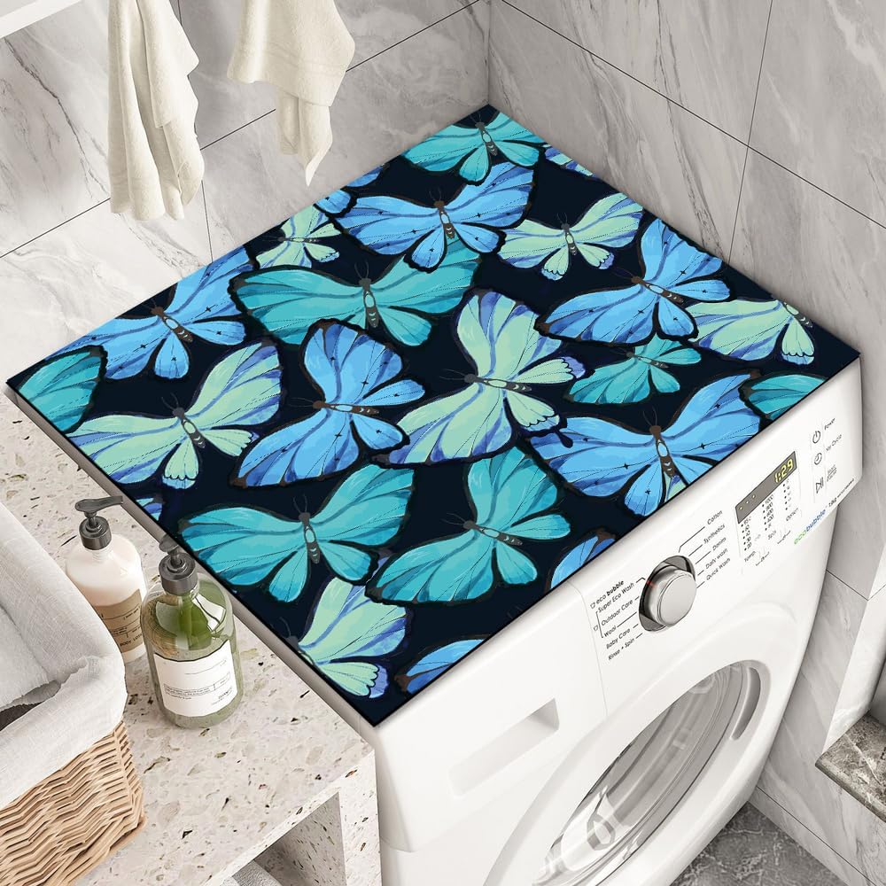 Butterfly Washer and Dryer Top Covers Anti-Slip Absorbent Mat Washing Machine Fridge Dust-Proof Cover Butterfly Washer Dryer Top Protector Mat for Laundry Room (Blue, 23.6'' x 19.68'')