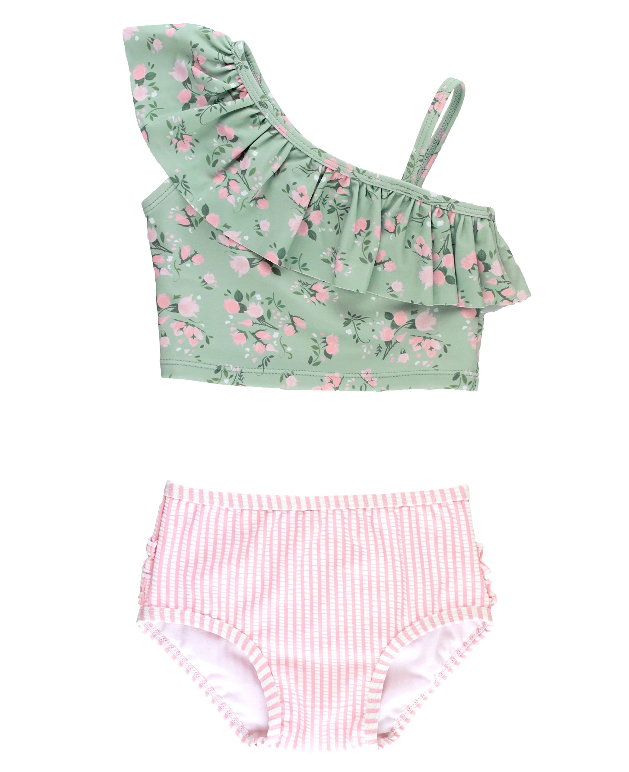 RuffleButts Girls Upf50 Sun Protection One Shoulder Ruffle Tankini Two Piece Swimsuit - Tea Roses 3T