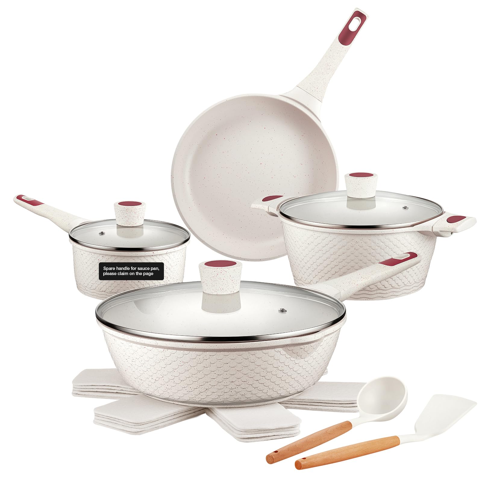 IKTU Pots and Pans Set Non Stick, 14 Pcs Kitchen Cookware Set, Induction Cookware Set Nonstick with Stay-Cool Handles, Silicone Utensil and Pan Protectors, PFOS/PFOA Free