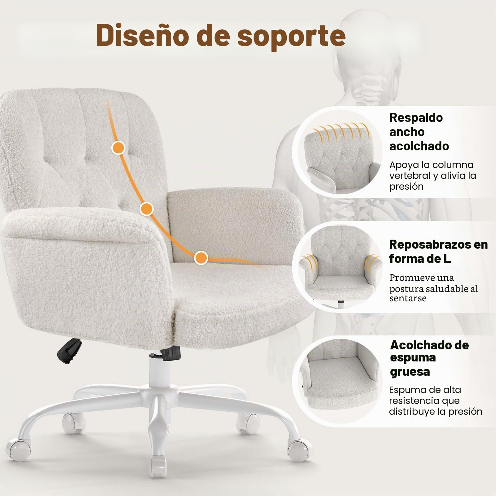 Silla Oficina, sillón Maquillaje Acolchado c/Ruedas y Brazos, Asiento Giratorio Felpa Teddy Regulable, Ideal para salón, Dormitorio, Maquillaje y salón, Blanco