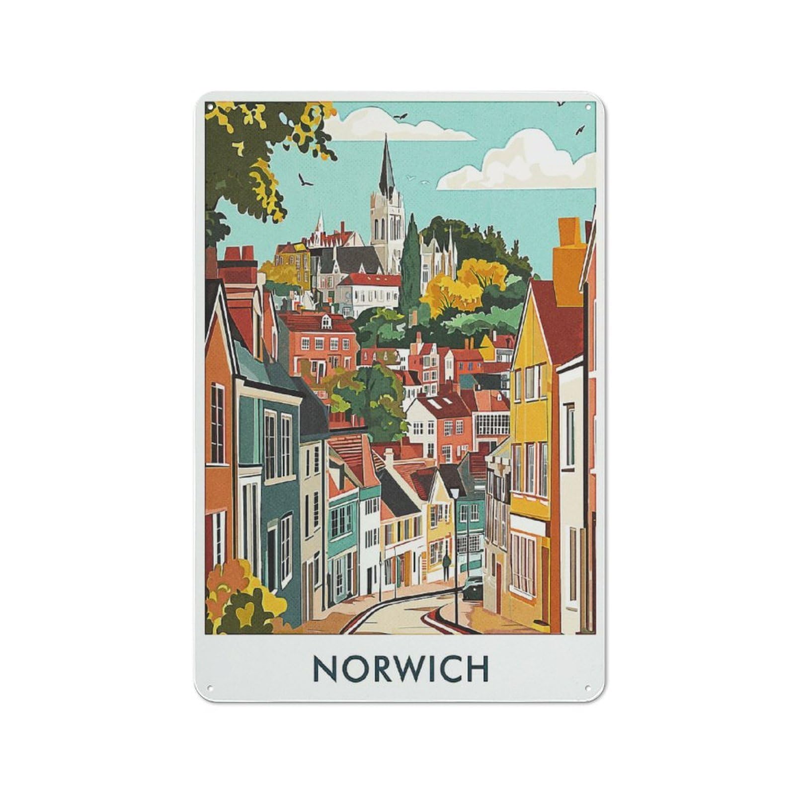 Junmoney Style-7 Tin Wall Plaque 30X20cm With Norwich Cityscape For Guest Room Or Hallway, For Garage, Workshop And Man Cave Decoration