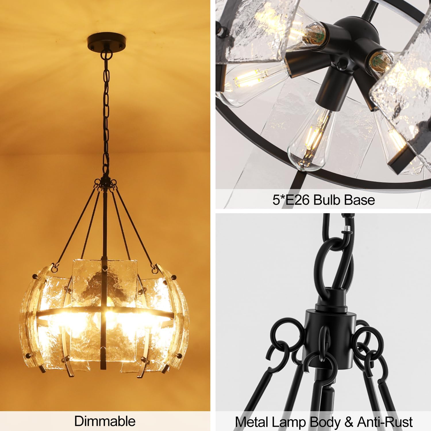 19.7" Black Chandeliers for Dining Room，5-Light Textured Glass Modern Light Fixture,Adjustable Hanging Drum Chandelier for Kitchen Island Hallway Entryway Foyer
