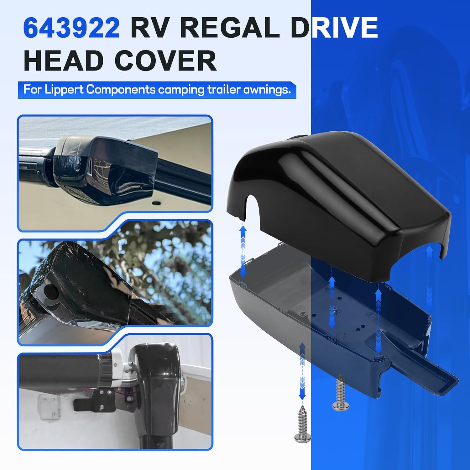 643922 Right RV Awning Head Cover End Cap for Lippert Components and Solera, RV Awning Motor Regal Drive Head Cover Replacement, Camper Trailer Awning Motor End Cap, Black