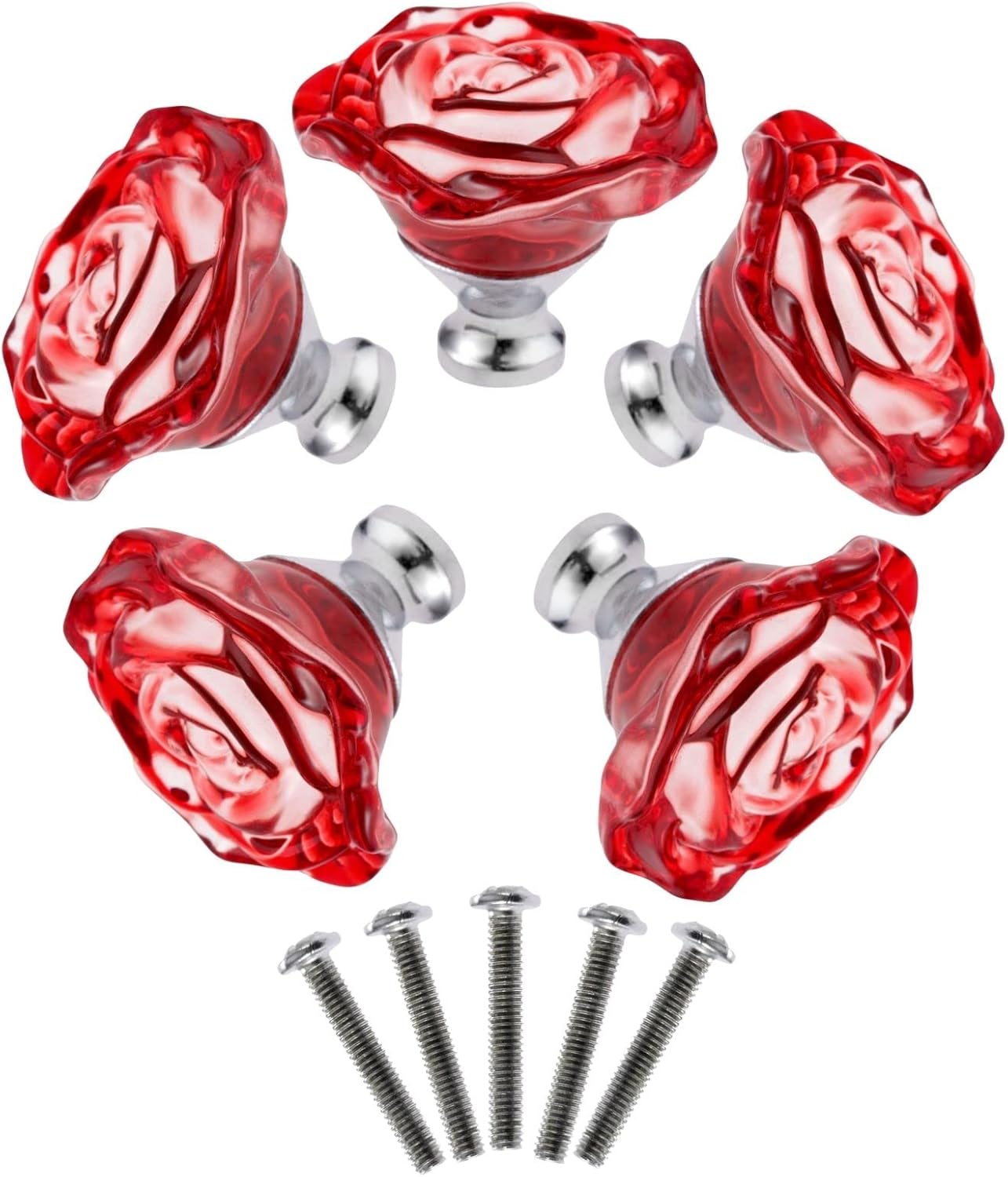 Yetaha Red Glass Dresser Knobs, 5PCS Rose Crystal Drawer Handles