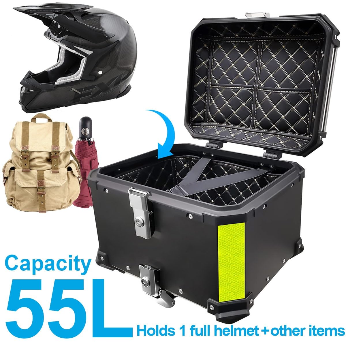45L 55L 65L 80L 100L Top Case Coffre Moto,Valise pour Moto en Aluminium étanche,Top Cases pour Moto,Valise arrière pour Scooter ou Moto,avec Plaque de Montage et Dossier(Black,55 L)