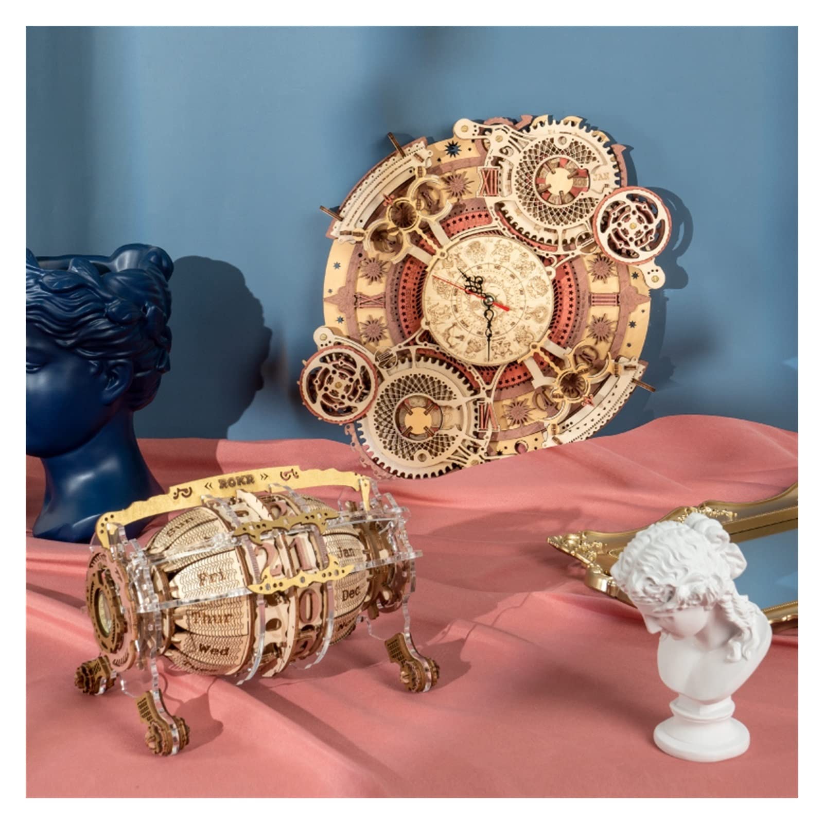 Zegary ścienne DIY montaż zabawka prezenty dzieci dorośli LC3D drewniany model zestaw klocków zodiaku zegar ścienny dekoracyjny zegar ścienny (kolor: kalendarz z silnikiem czasowym)