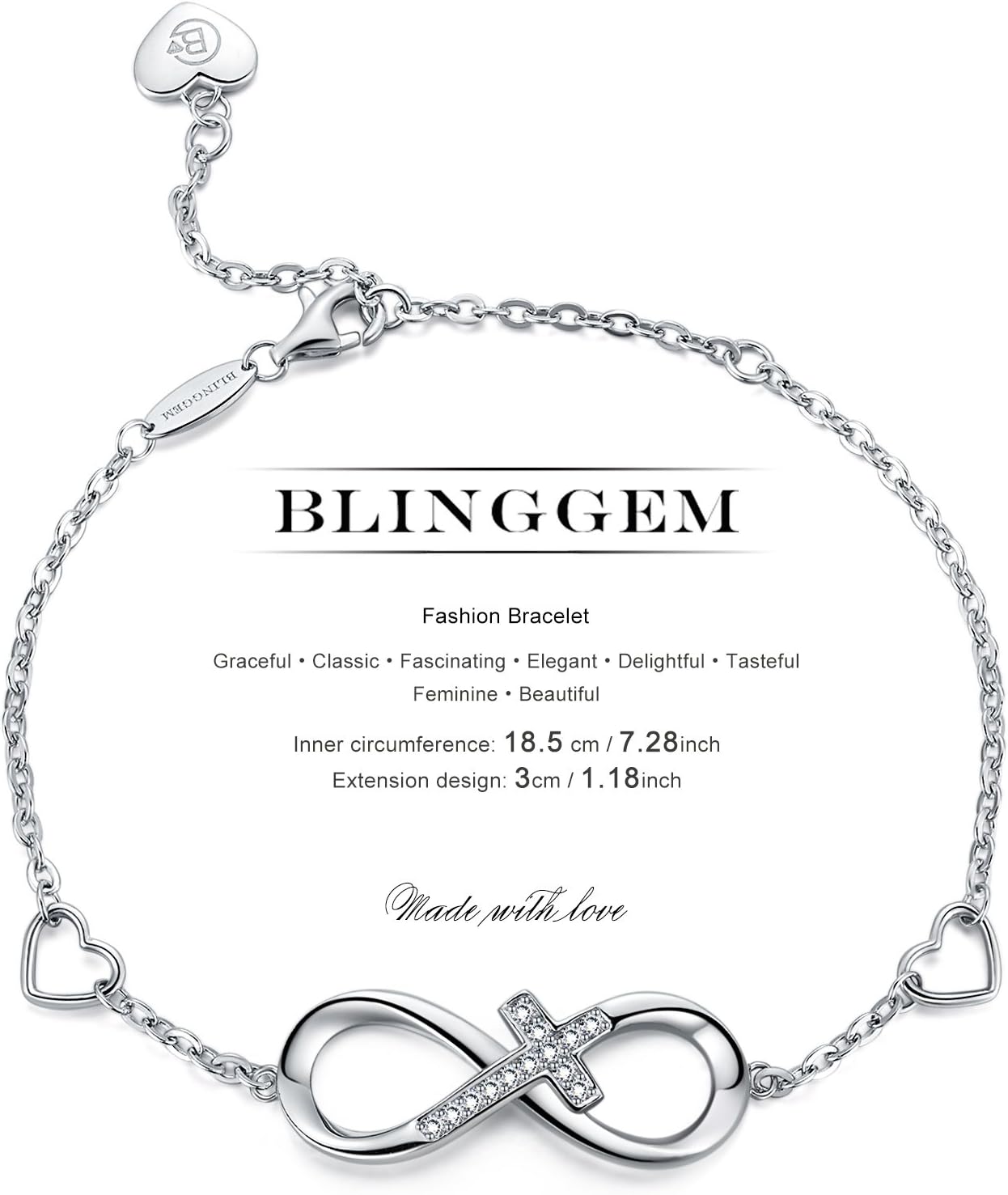 BlingGem Bracelet for Women Infinity Cross 925 Sterling Silver Cubic Zirconia Religious Cross Infinity Love Charm Bracelet Birthday Jewelry Gifts for Women Wife