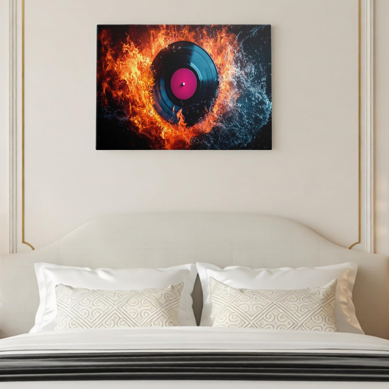 Quadro Moderno Effetto Pittura 70 x 50 cm Dischi in vinile musicali Stampa su Tela Elementi Acqua E Fuoco Decorazione Murale per Soggiorno Camera Cucina Arredo Casa