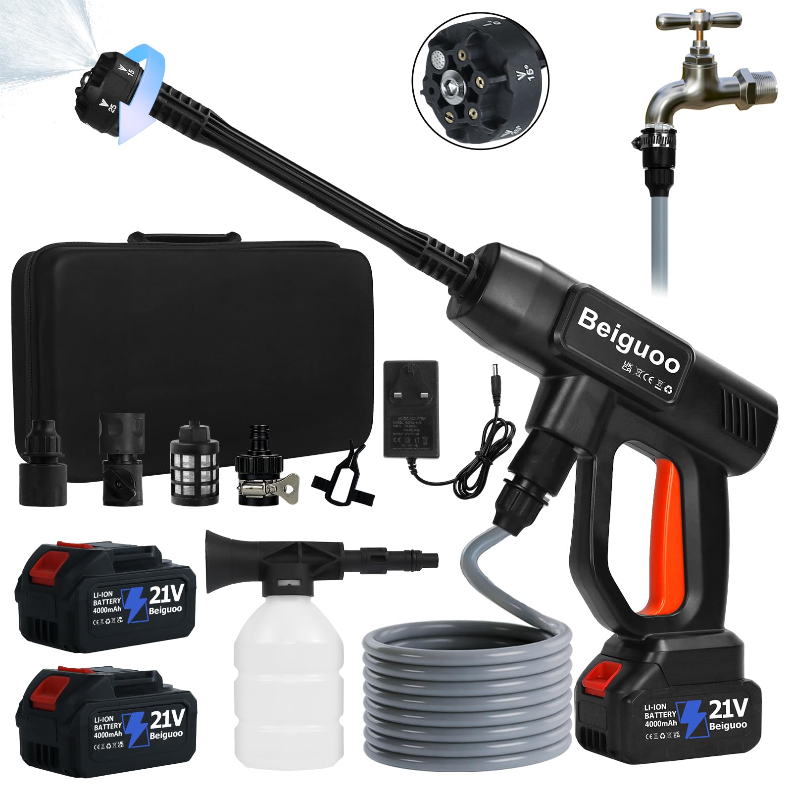 Beiguoo 100 Bar 1450PSI Cordless Pressure Washer with 2PCs 4.0Ah Batteries
