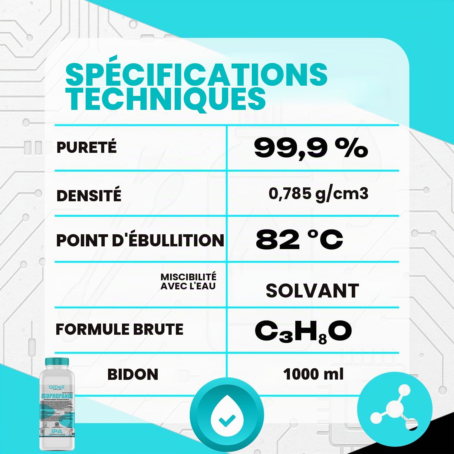 GiDeli Isopropanol 99,9 % 3 L – Nettoyant à haute teneur en alcool isopropylique – Alcool de nettoyage pour électronique, accessoires d'imprimante 3D, verre, écrans et lentilles