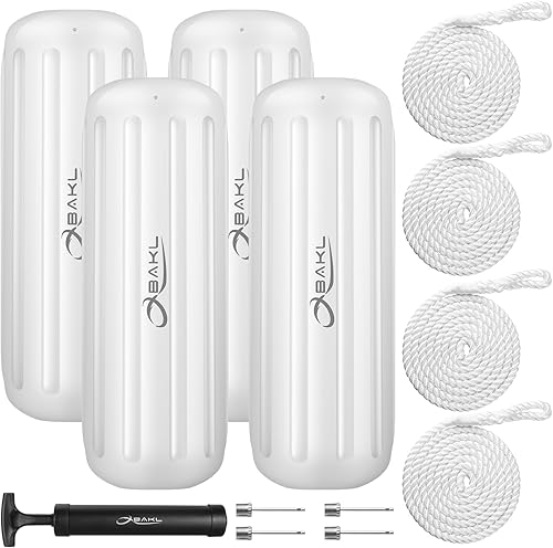 Paquete de 4 defensas de barco de 10 x 28 pulgadas con agujero central acanalado para embarcación, viene con cuerdas y bomba para inflar