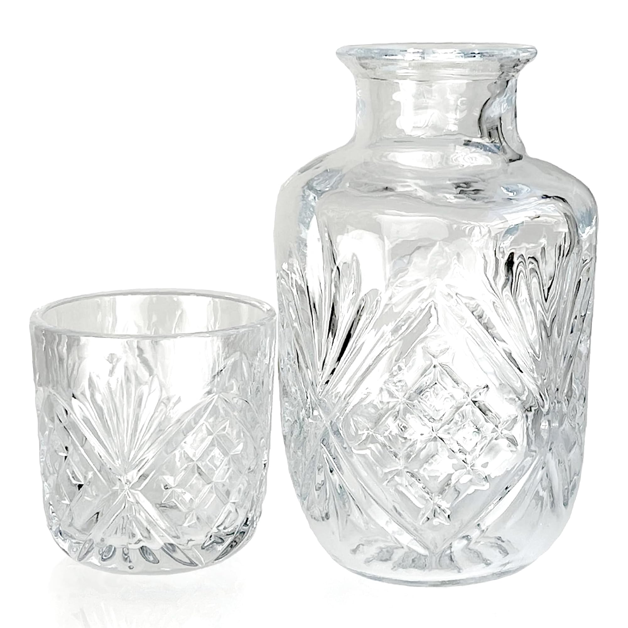 Jarra de agua para mesita de noche con taza de cristal, jarra transparente y vasos de cristal, perfecta para mesita de noche o dormitorio de invitados
