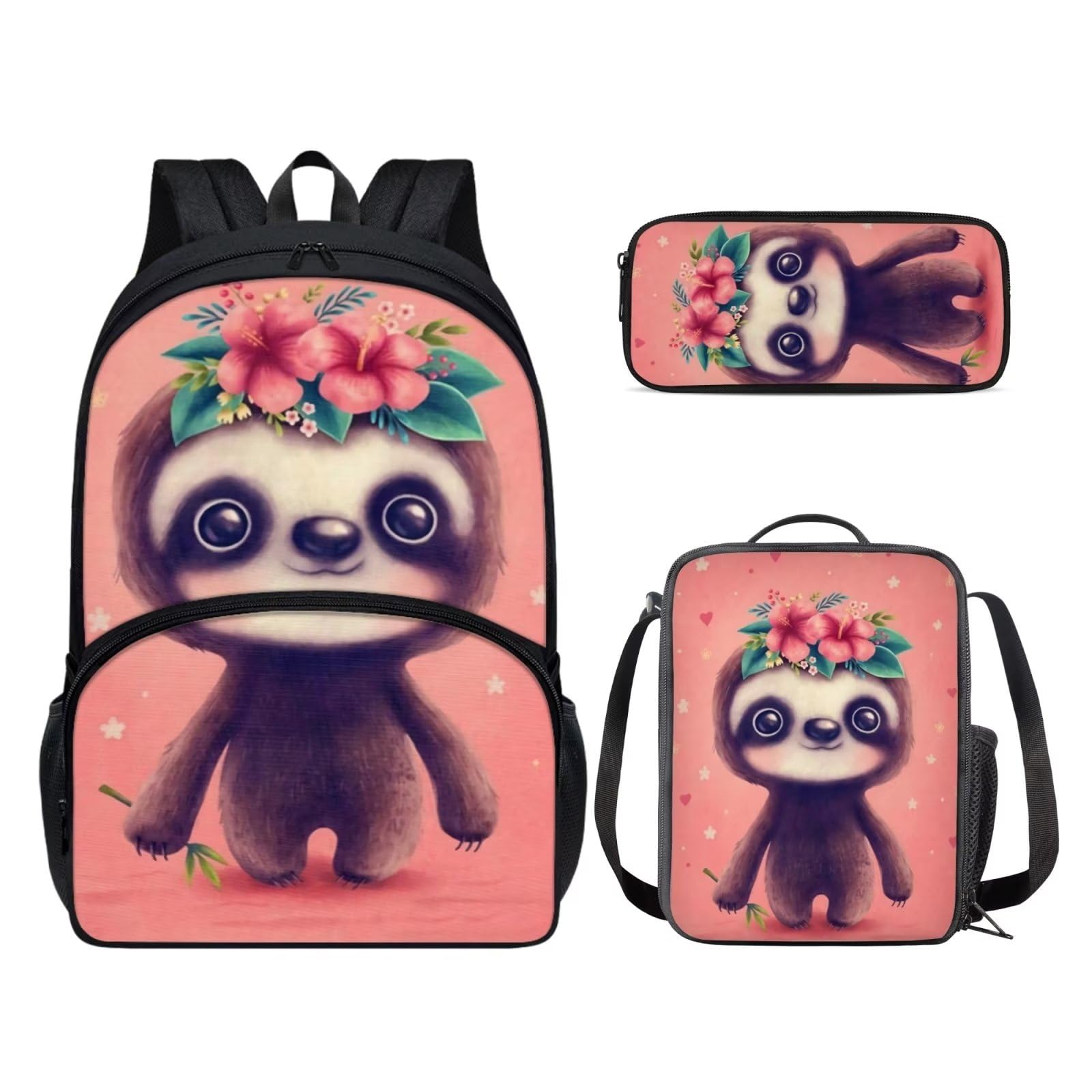 POLERO Juego de 3 bolsas escolares con impresión 3D para el almuerzo, estuche para lápices, Rosa perezoso, Talla única, Mochila infantil