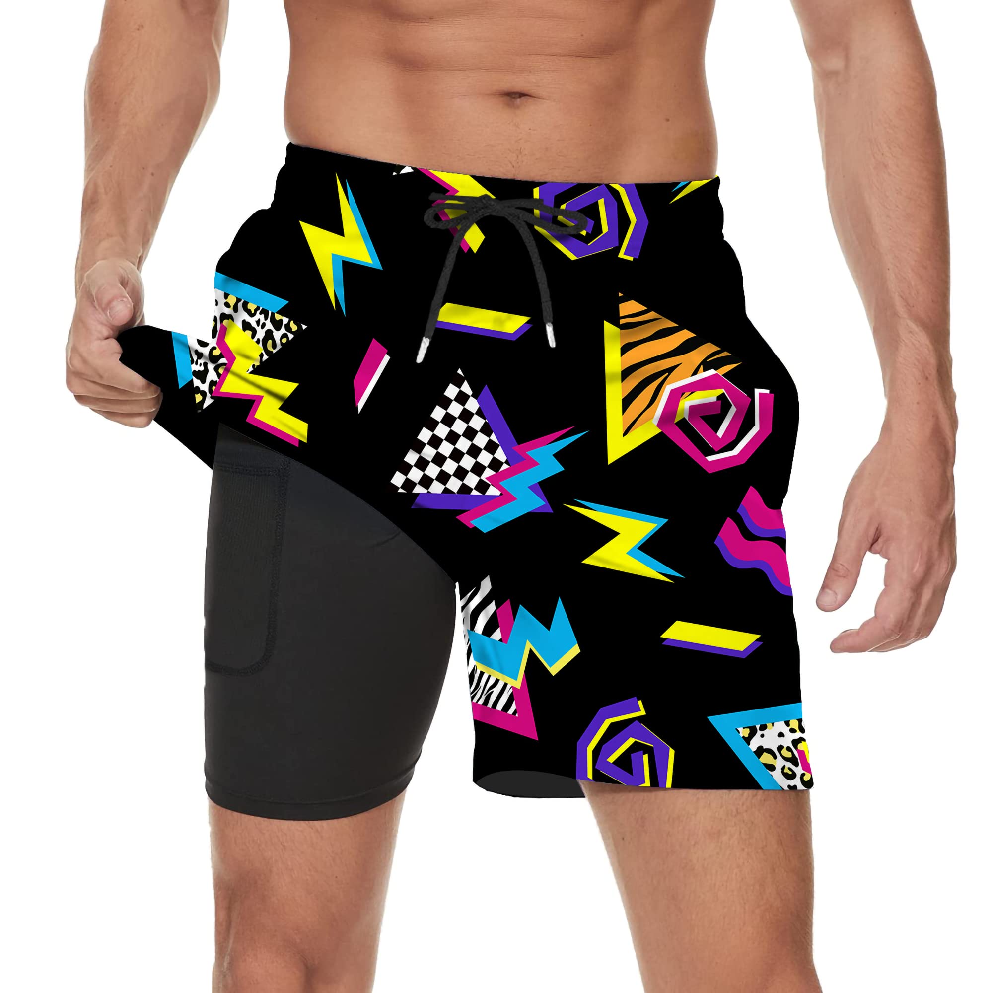 Vintage 80s Memphis Mens Beach Shorts Funny Elastic Waist Quick Dry Swim Trunks