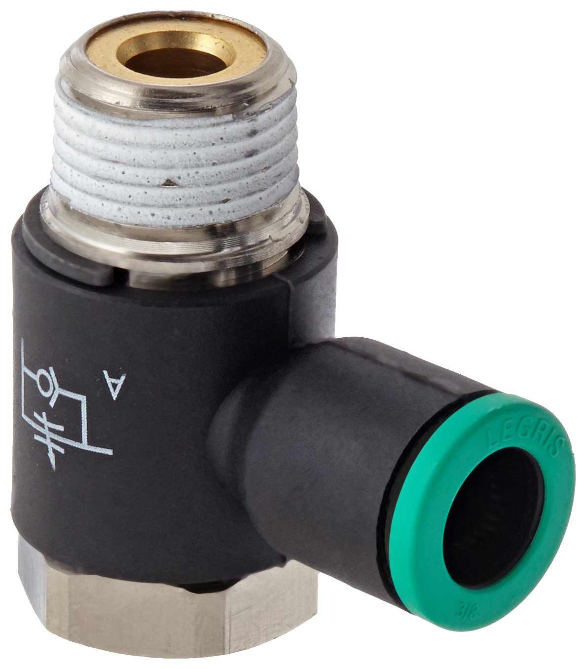 Legris 7015 60 18 Nylon Air Flow Control Valve, 90 Degree Elbow, Meter-Out, Slotted Screw, 3/8" Tube OD x 3/8 NPT Male