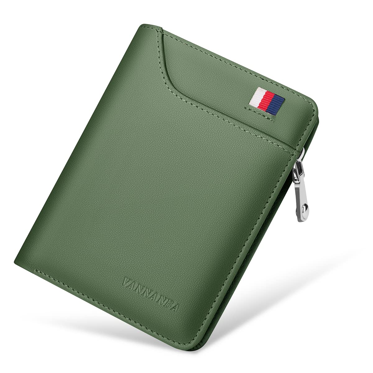 Men's Wallet with Zipper Genuine Leather Credit Card Travel Wallet with Coin Pocket(Army Green)