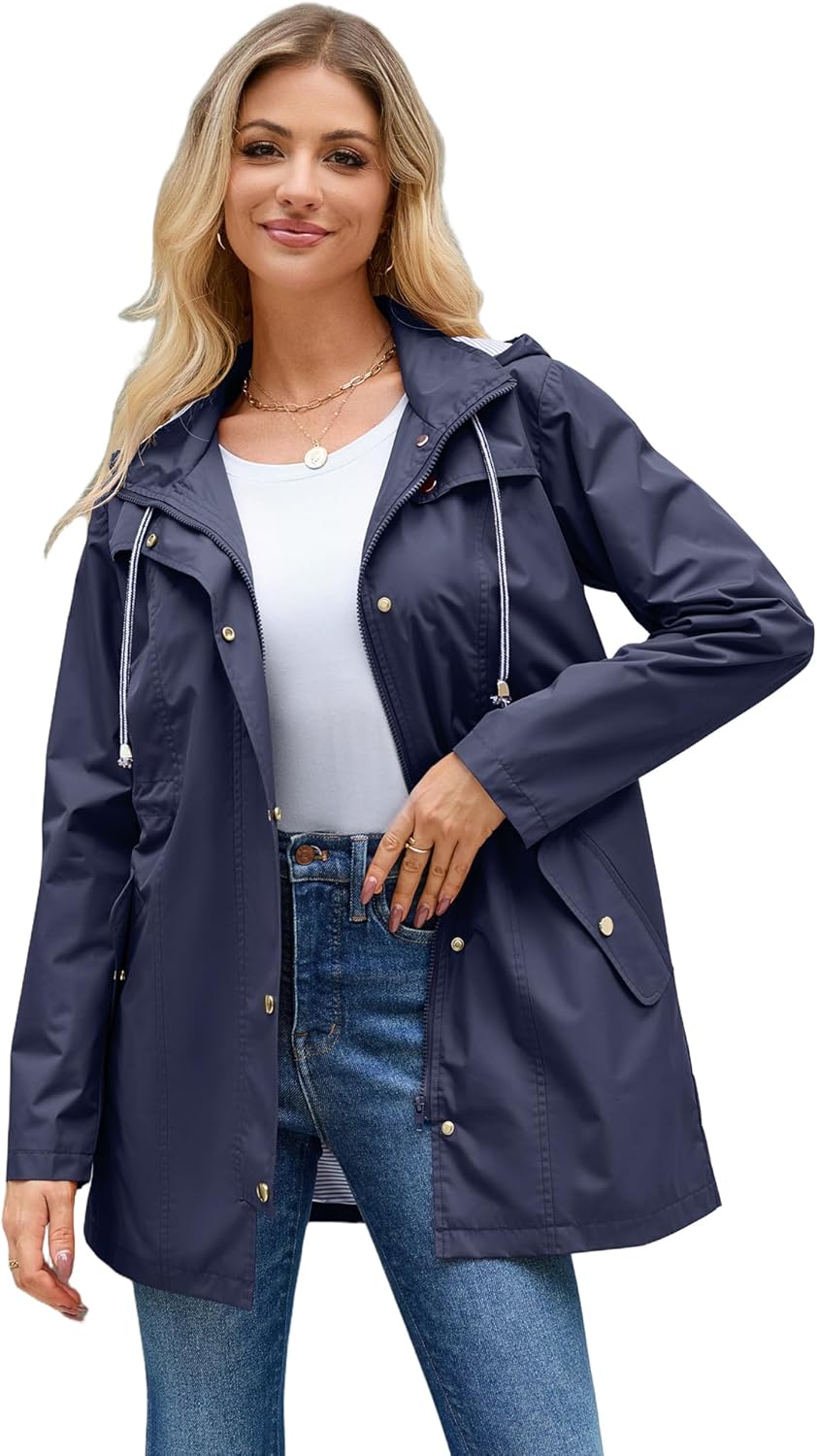 Hount Women Rain Jacket Lightweight Waterproof Raincoat Lined Outdoor Hooded Windbreaker Trench Coat - Image 2