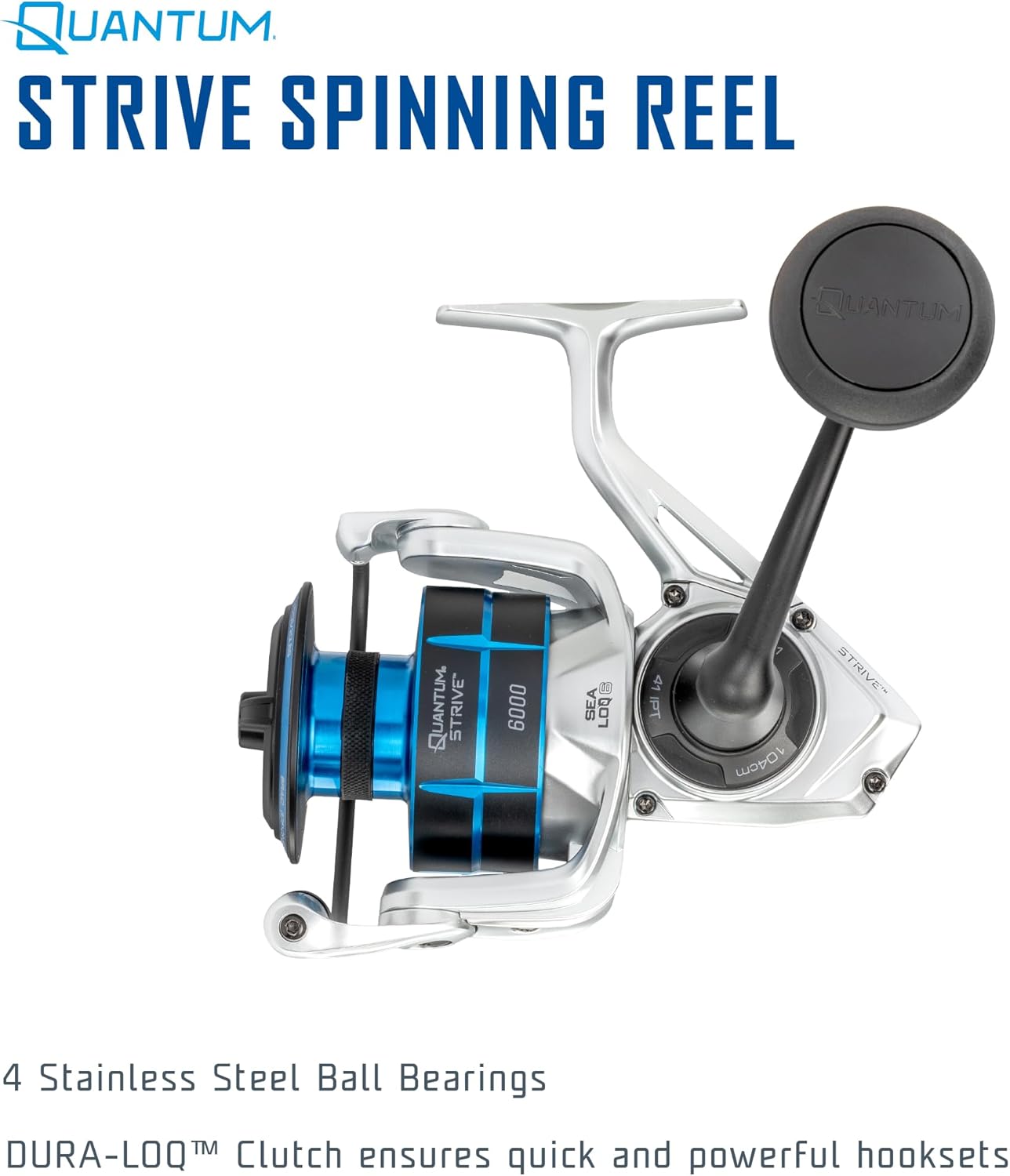 Quantum Strive Spinning Fishing Reel, Rigid Aluminum Frame, Graphite Rotor, Sealed Design, CFX200 Carbon Fiber Xtreme Drag, Silver/Blue