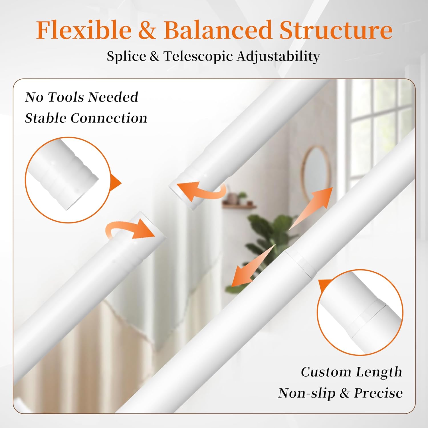 STARLATTA 2 Pack Shower Curtain Rods:43-78 Inch No Drilling Tension Rods, Heavy Duty Telescopic Adjustable, Stainless Steel Rust-Proof Spring Anti-Slip Curtain Rod for Bathroom (White,78'')