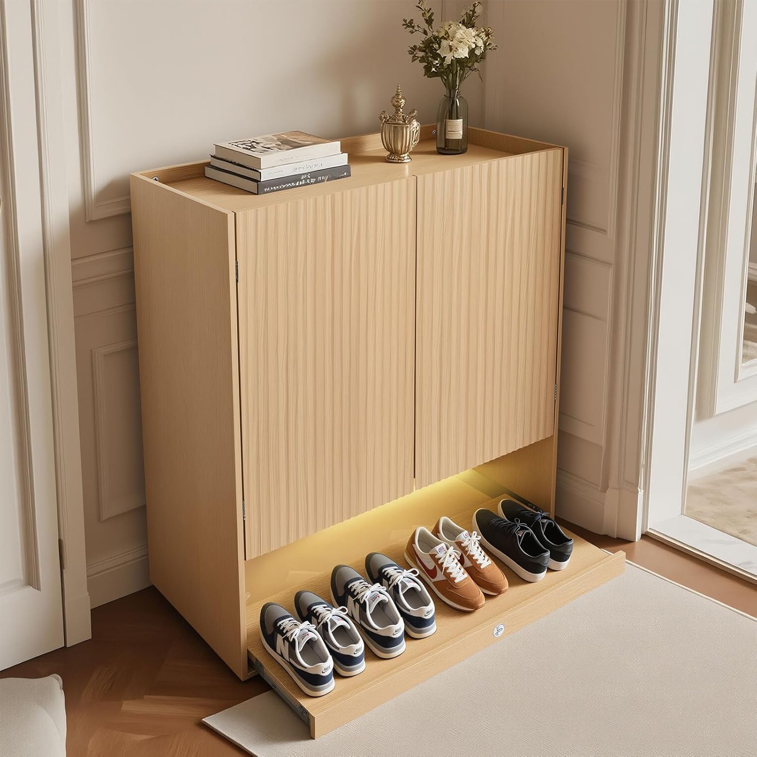 Shoe Cabinet with LED Light, 4-Tier Shoe Storage Cabinet with 2 Adjustable Shelves, Large Shoe Storage with Fluted Panel Modern Shoe Rack for Entryway, Bottom Pop-Up Shoe Rack, Natural Wood