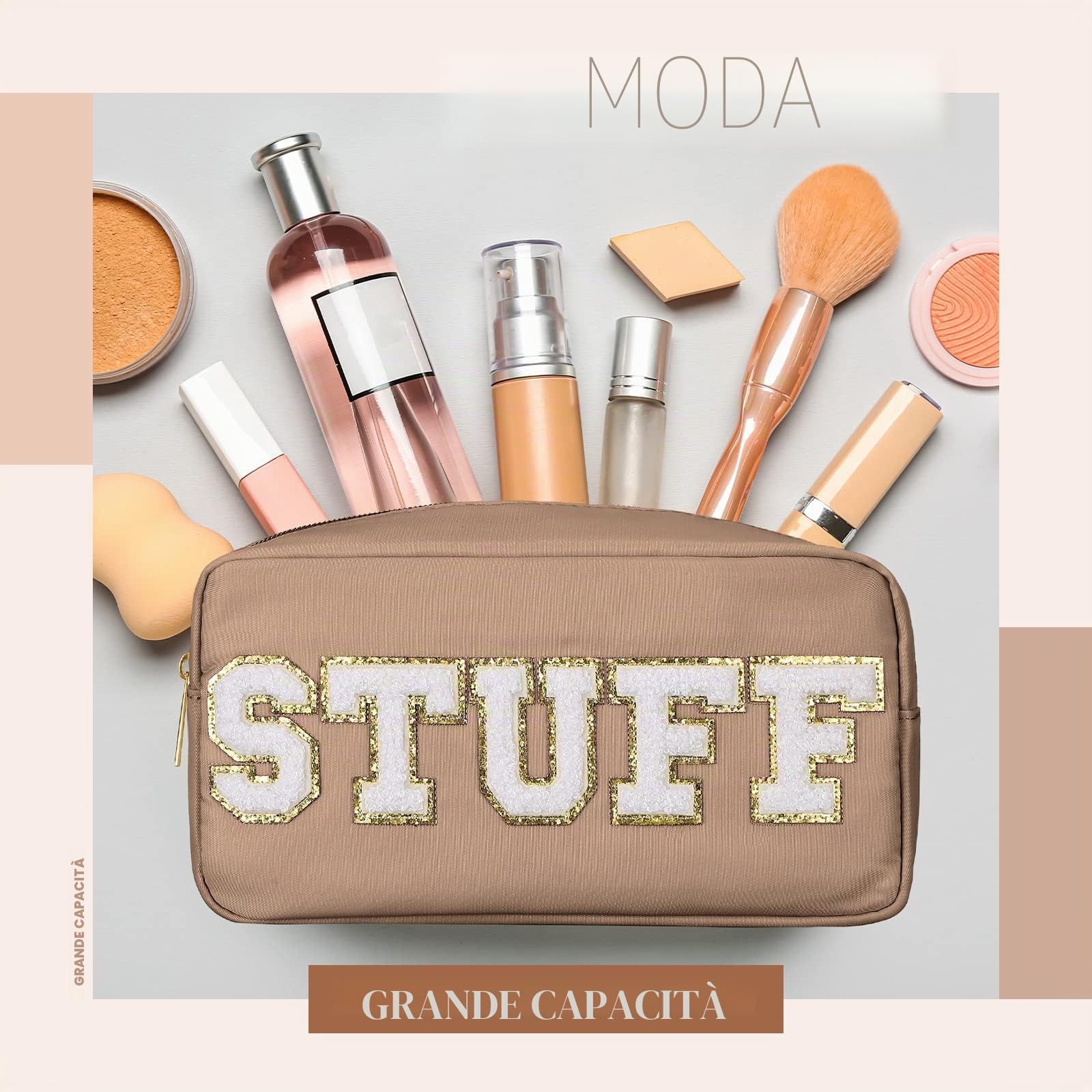 4 sacchetti per trucco preppy in ciniglia, con lettere, in nylon, con cerniera, per articoli da toeletta da viaggio, da donna