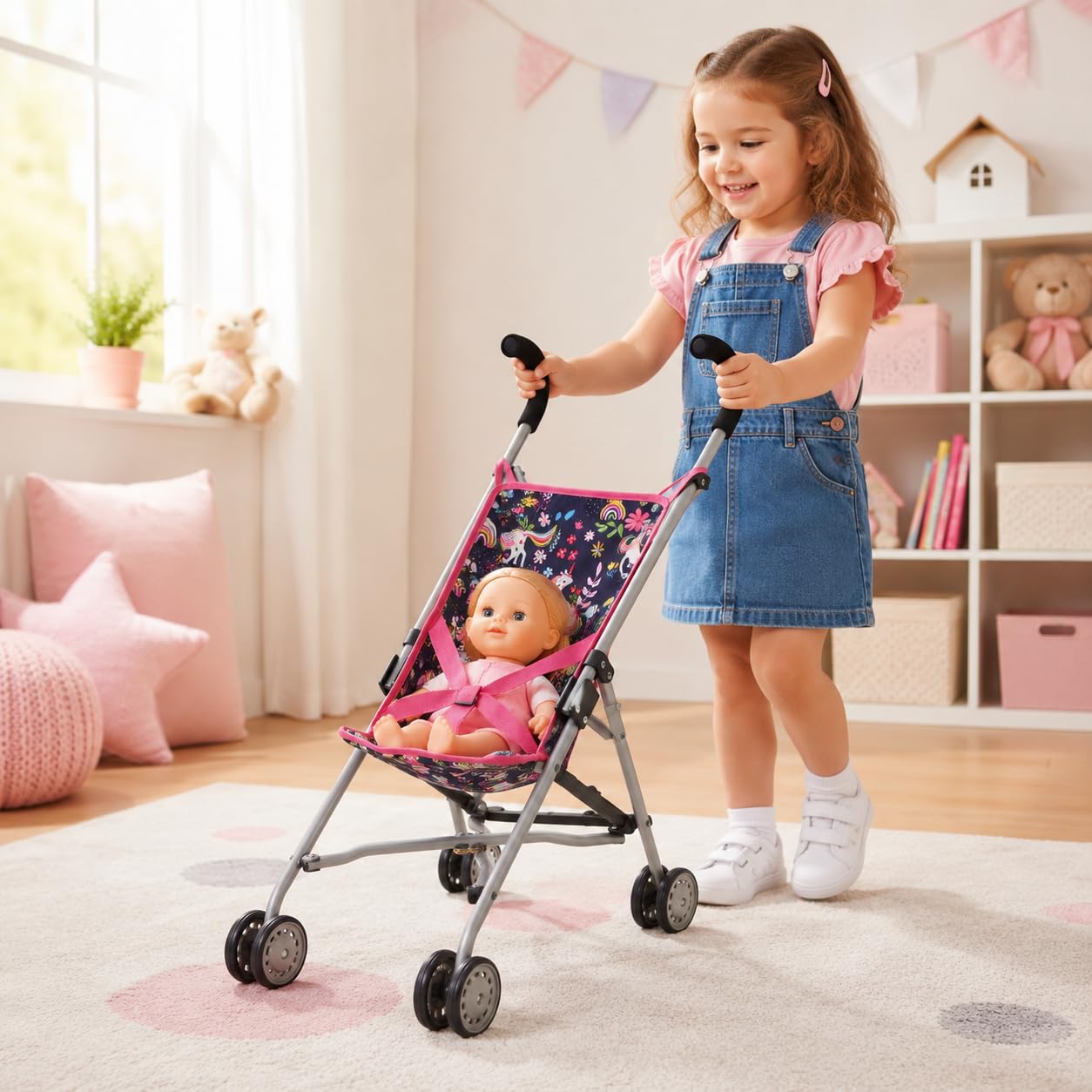 Bayer Chic 2000 Buggy dla lalek Roma, wózek dla lalek, mini buggy, jednorożec, granatowy, różowy, 601-43