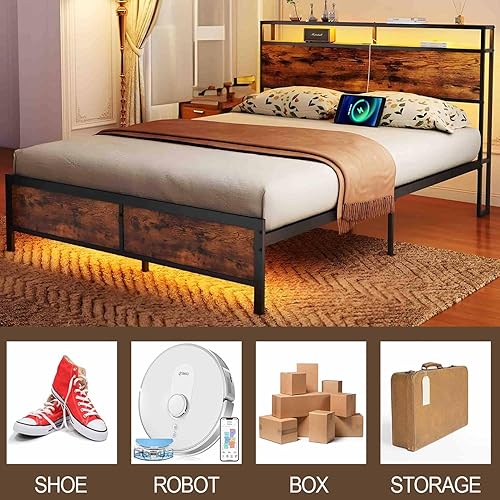 Miniatura 7 de Mdhitsox Base de cama Queen con luces LED, 2 puertos USB, cabecera rústica de almacenamiento de 2 niveles, marco de cama de plataforma industrial,