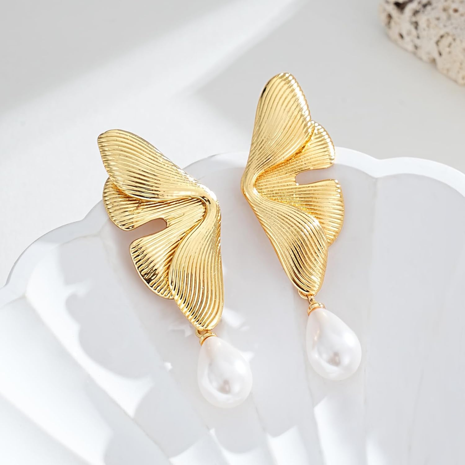 Flower Pearl Earrings for Women 14K Gold Plated Hypoallergenic Drop Dangle Floral Earring with Pearl Bridal Wedding Jewelry Gifts - Image 6