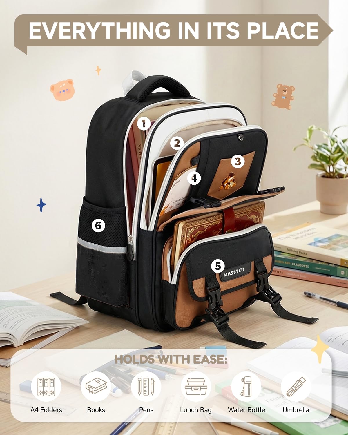 Amythe Cartable Garçon CP-CM1 6-10 Ans, Sac à Dos Primaire Enfant Léger (600g) Ergonomique avec Bandes Réfléchissantes, Imperméable pour l'École, les Voyages et le Quotidien -Noir