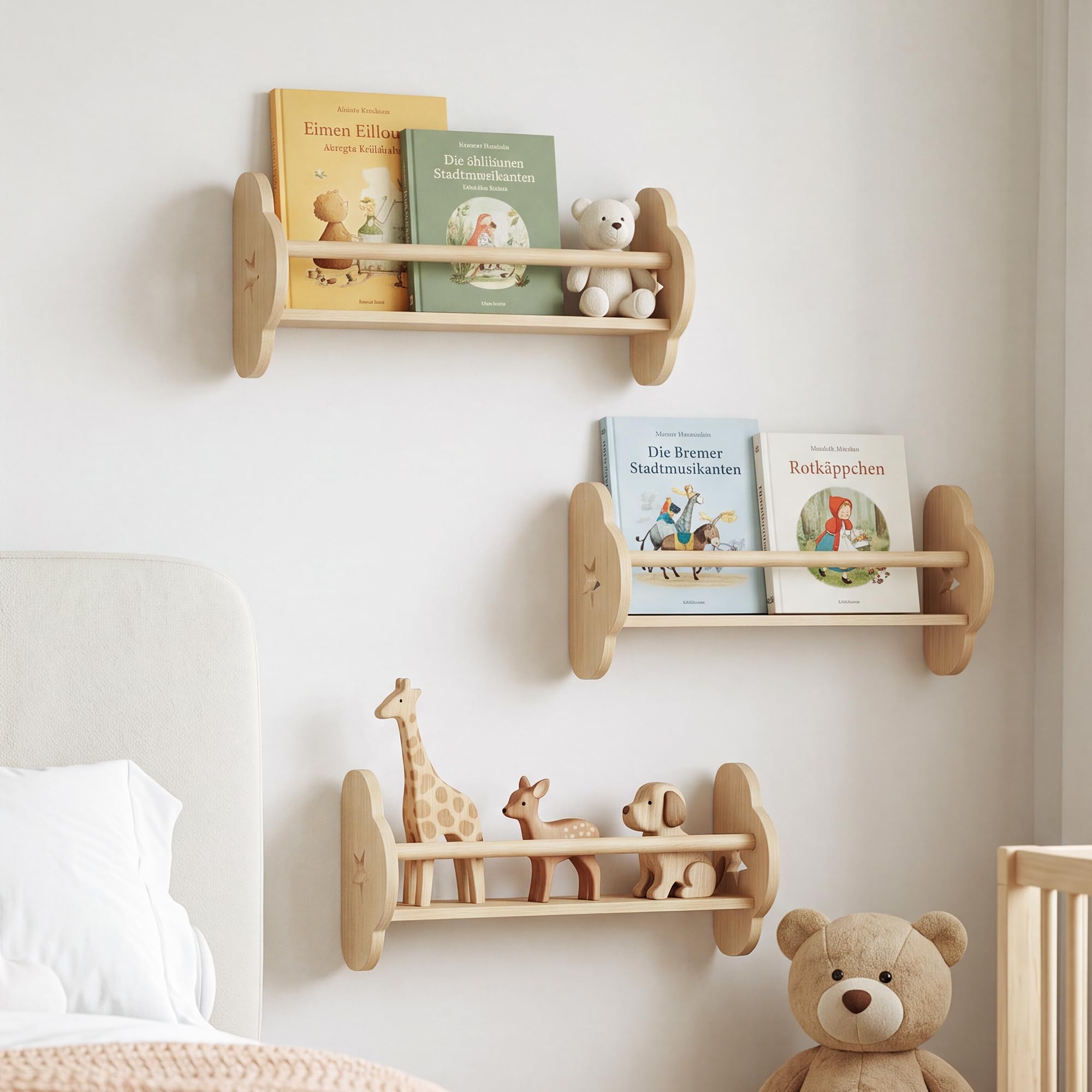Kinder Wandregal 3er Set, Montessori Schweberegal Holz, Natur, Kinderzimmer | 3 schwebende Wandregale aus Holz für Bücher, Spielzeug und Deko – flexibel montierbar im Montessori Kinderzimmer.