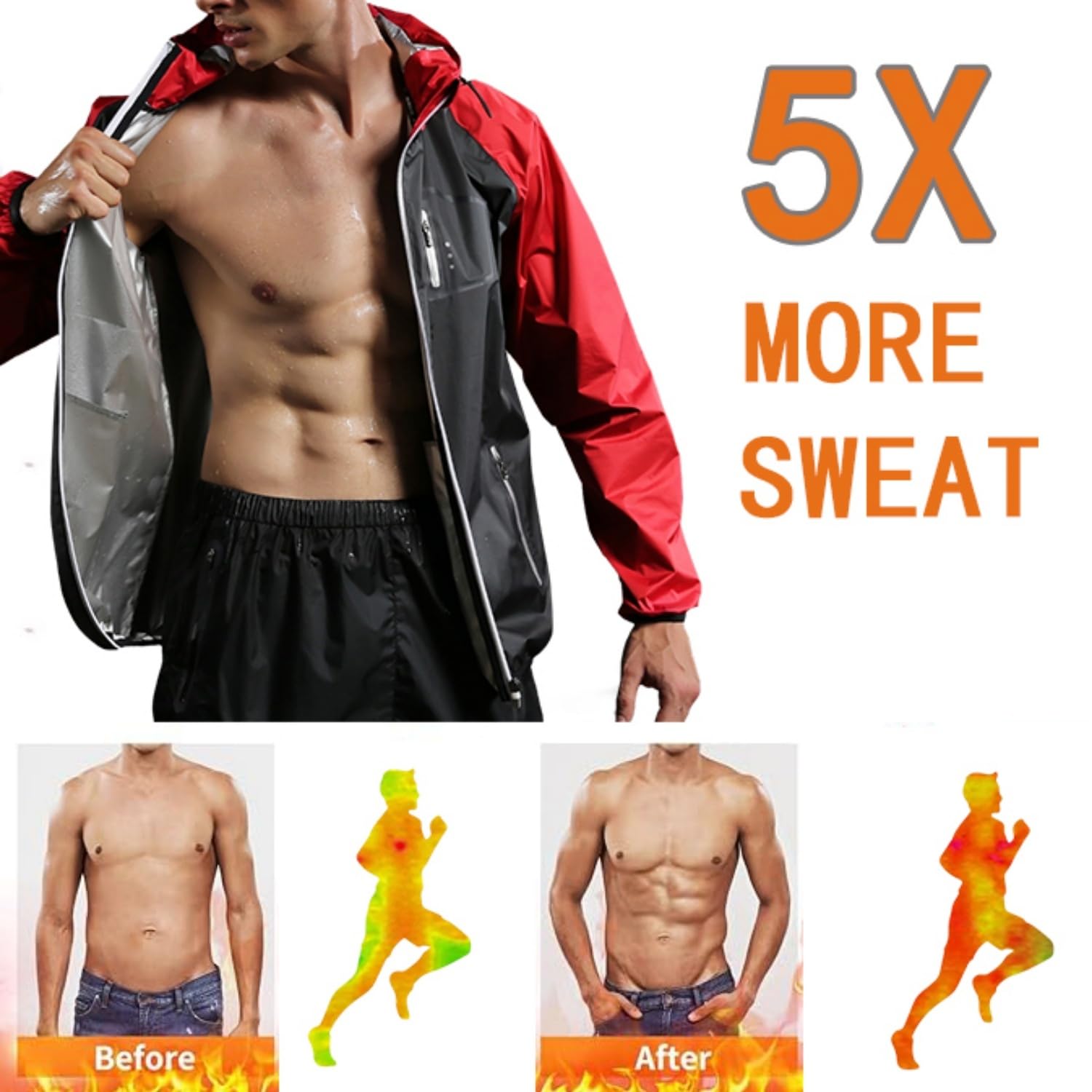 Sauna Suit for Men Sweat Sauna Jacket Gym Workout Exercise Sweat Suits Long Sleeve Zipper Shirt with Hood Body Shaper Gym Top