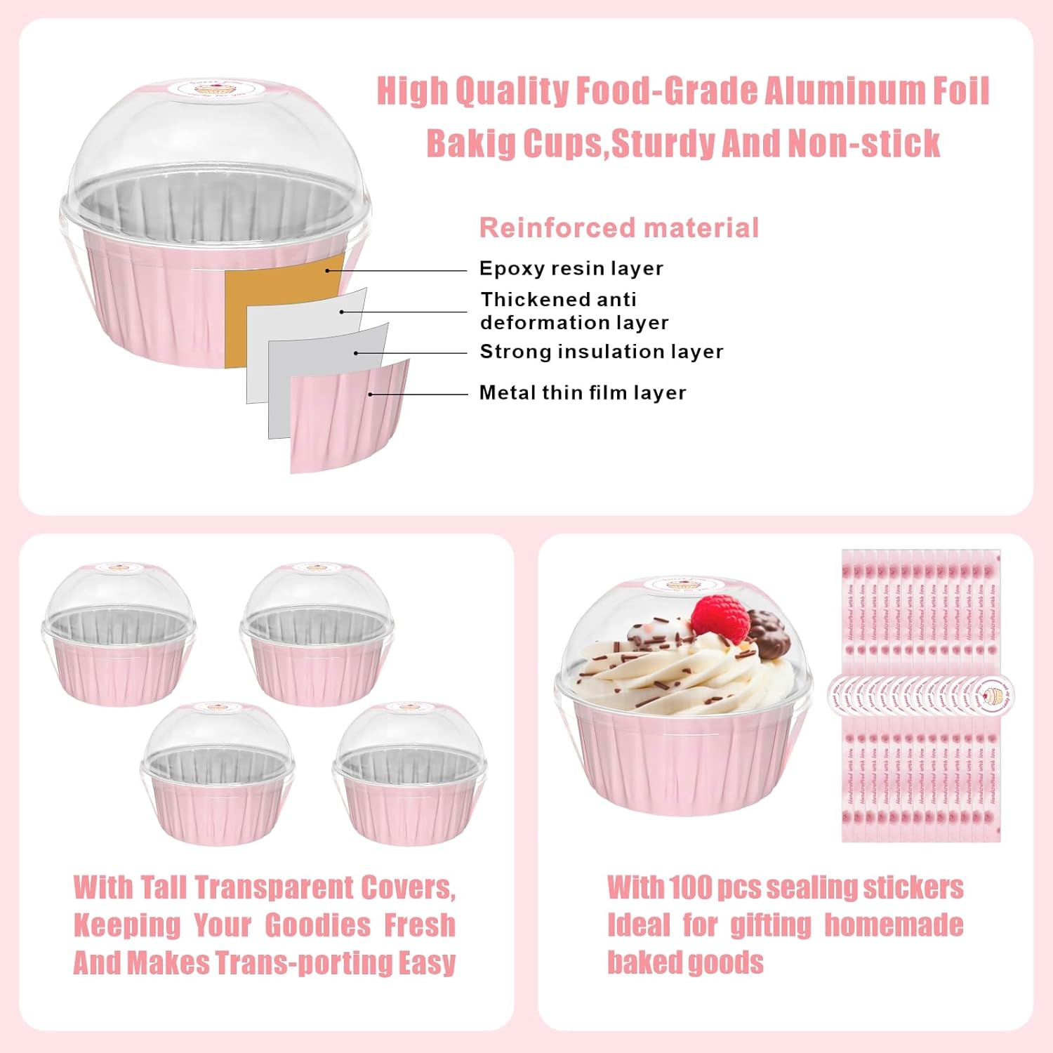 100 Pack 5oz Cupcake Pans with Dome Lids, Disposable Ramekin Cupcake Liners,Reusable Mini Muffin Case Dessert Containers for Birthday Wedding Party - Pink - Image 3