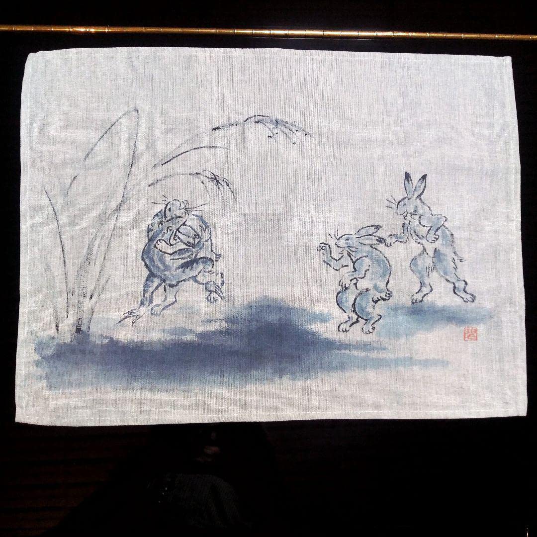 暖簾『鳥獣戯画 弓 腕比べ』水墨画家による肉筆 一点物 暖簾『鳥獣戯画 弓 腕比べ』水墨画家による肉筆 一点物 暖簾