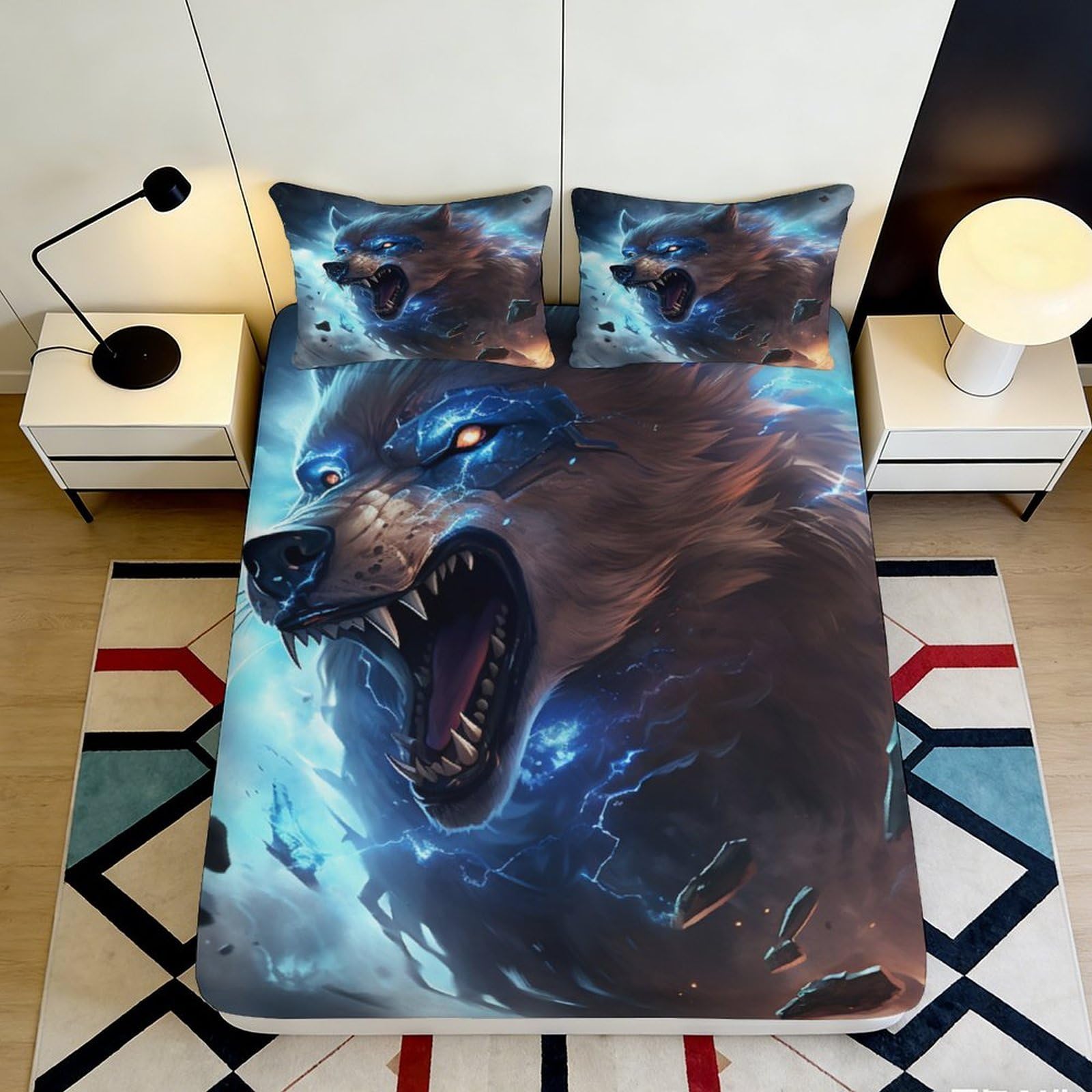 3D Printed Electric Wolf Fitted Sheet Microfiber Soft Breathable Thunder Howl Mattress Cover for Bedroom Guest Room Decor 140x200x25cm