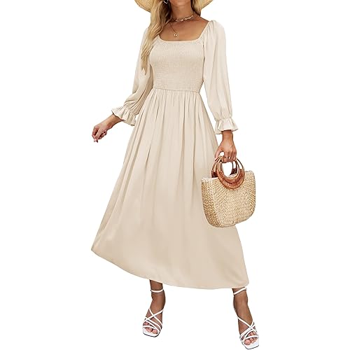 ZESICA Women's Casual Square Neck 3/4 Puff Sleeve Solid Color Smocked High Waist Flowy Midi Dress