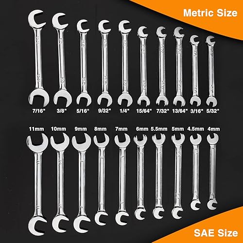 Miniatura 7 de Juego de llaves mini de extremo abierto dobles métricas y SAE 20 piezas 4-11mm y 532" a 716" acabado cromado espejo súper delgadas llave de extremo