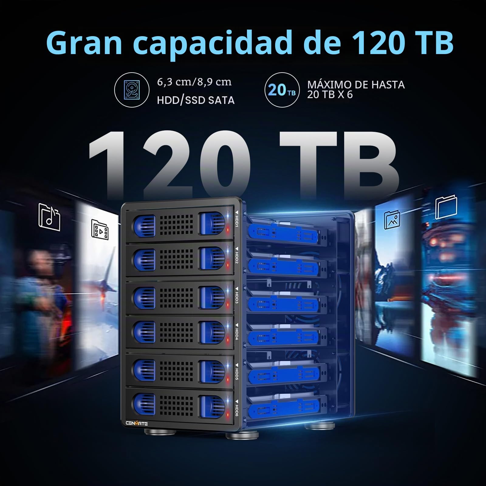 CENMATE Caja de disco duro de aluminio de 6 bahías de 10 Gbps con ventilador de refrigeración para disco duro SATA HDD/SSD de 2.5 pulgadas/3.5 pulgadas con USB A/C 3.2 Gen 2, compatible con